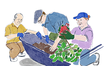 Three people gardening